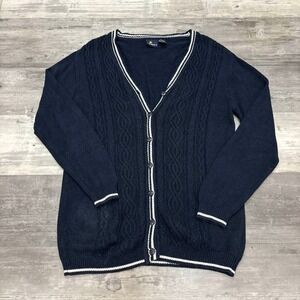 Lizsport Womens Cardigan Sweater Size S Navy Blue Cable Knit V Neck Striped Trim